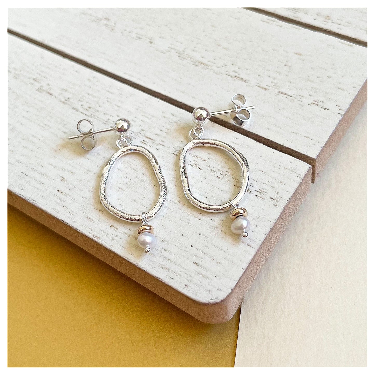 9ct Yellow Gold, Freshwater Pearl and Sterling Silver Organic Pebble Drop Stud Earrings