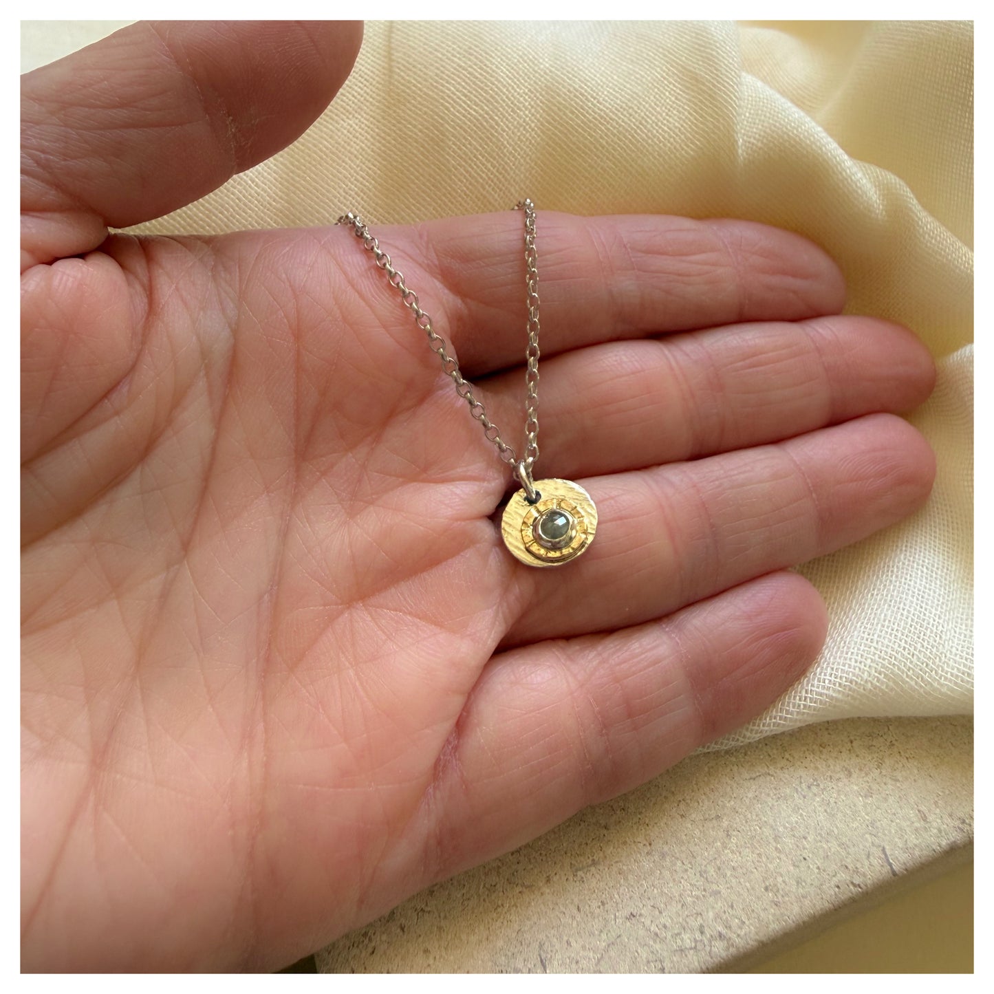 Sterling Silver, 9ct Yellow Gold Halo Rosecut Diamond Hammered Disc Pendant.