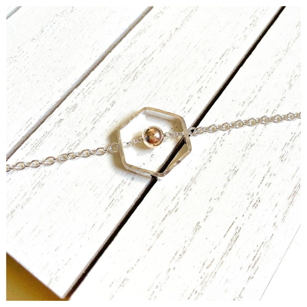 9ct Yellow Gold and Sterling Silver Hexagonal Bracelet with Bead.