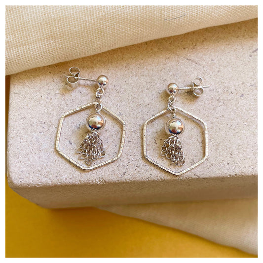 Sterling Silver Hammered Hexagon and Tassel Drop Stud earrings.