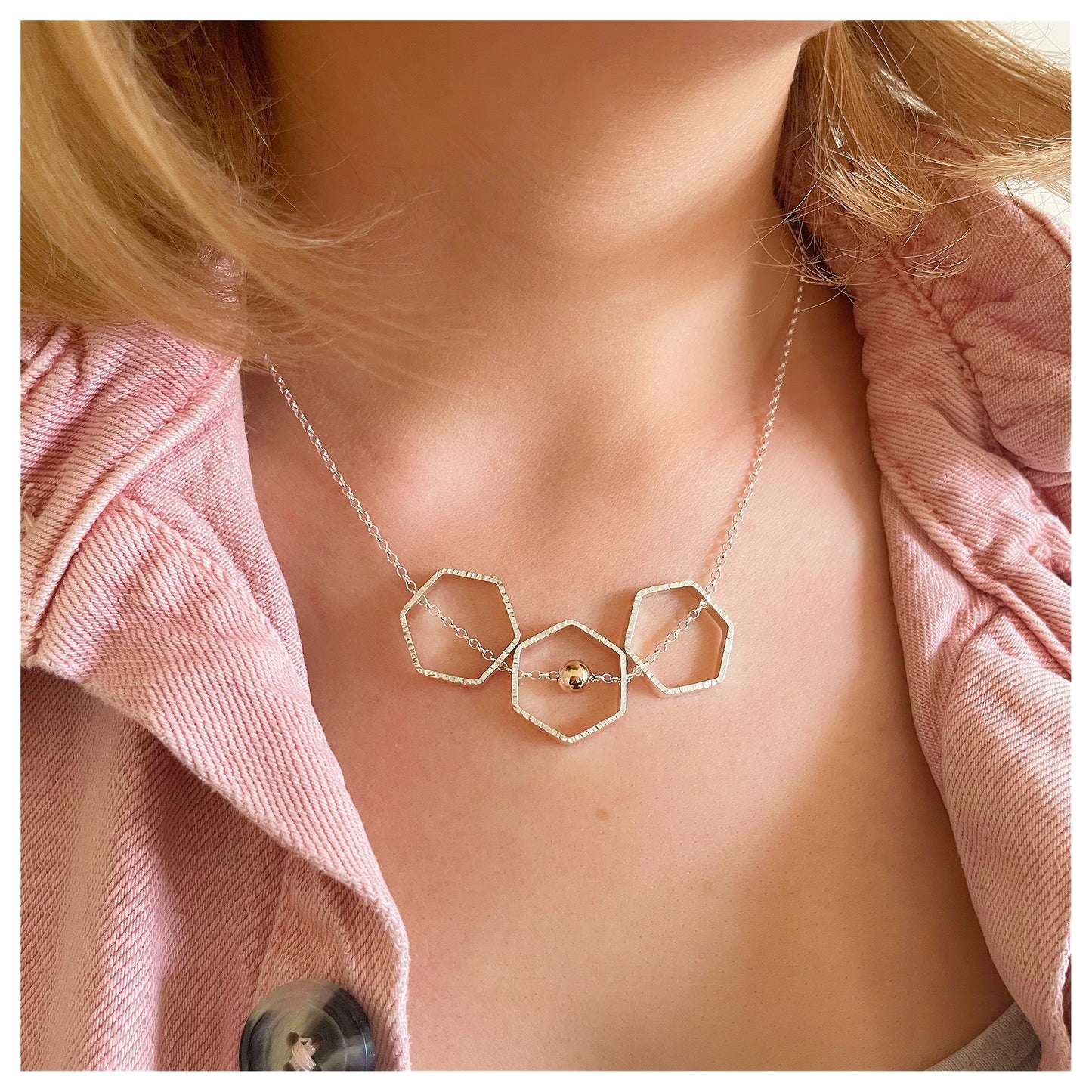 9ct Yellow Gold and Sterling Silver Triple Hexagon Necklace with Bead.