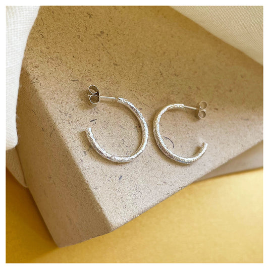 Sterling Silver Chunky Textured Hoop Earrings.