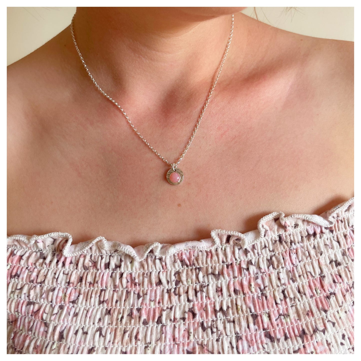 Sterling Silver and Pink Opal Hammered Disc Pendant.
