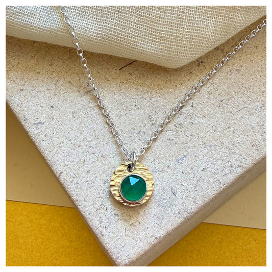 9ct Yellow Gold, Sterling Silver and Green Onyx Hammered Disc Pendant.