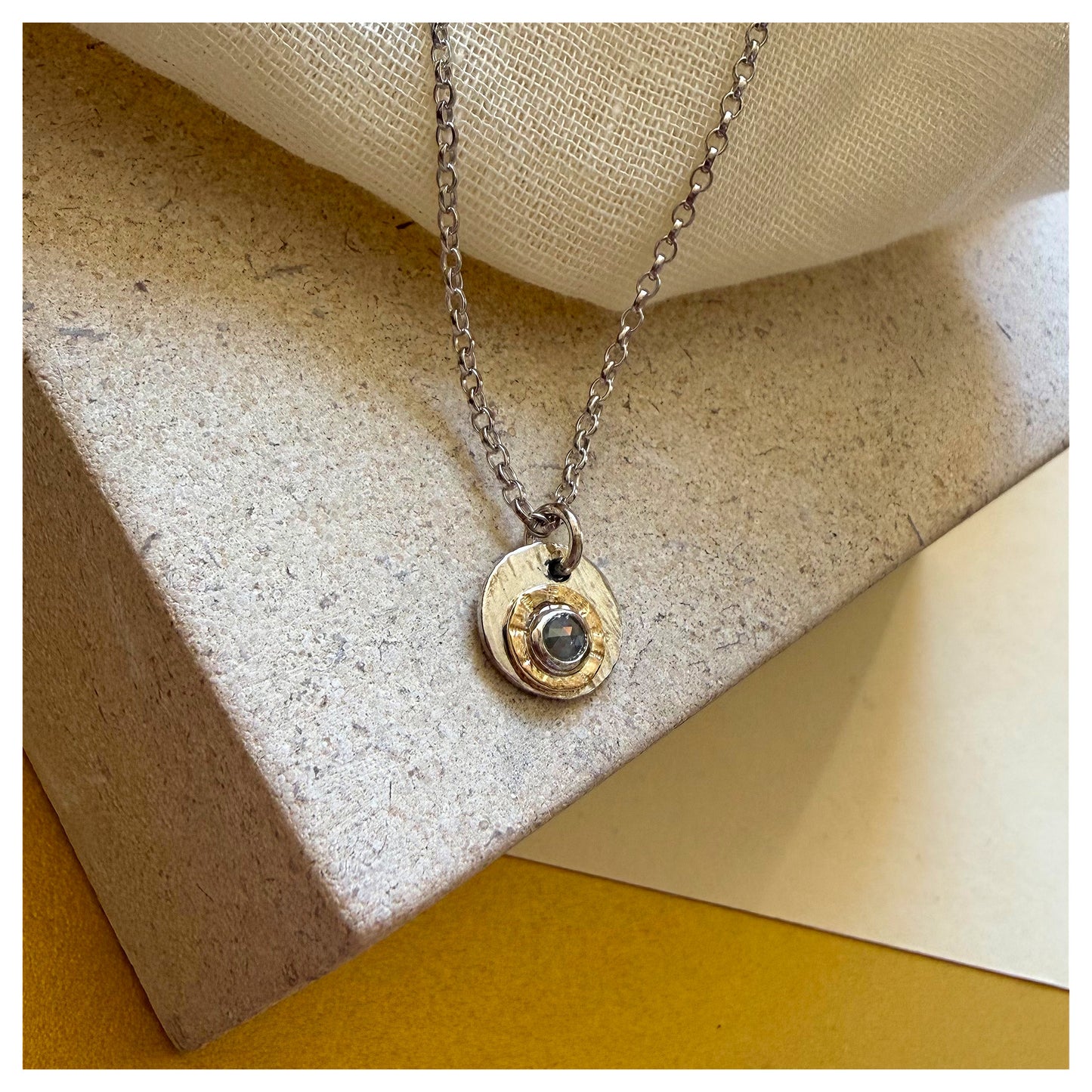 Sterling Silver, 9ct Yellow Gold Halo Rosecut Diamond Hammered Disc Pendant.