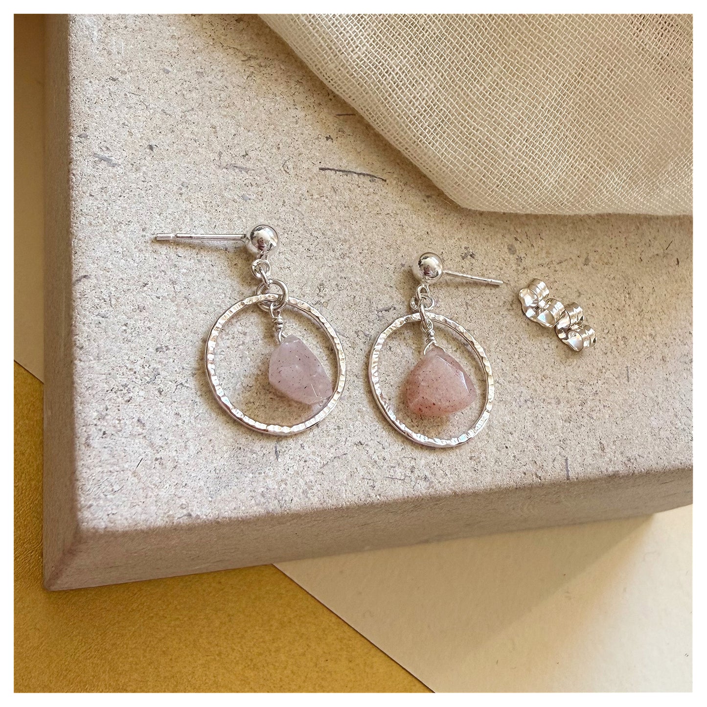 Sterling Silver Hammered Circle and Peach Moonstone Drop earrings.