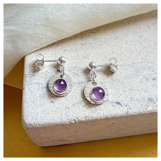Sterling Silver Textured Amethyst Gemstone Drop Earrings.