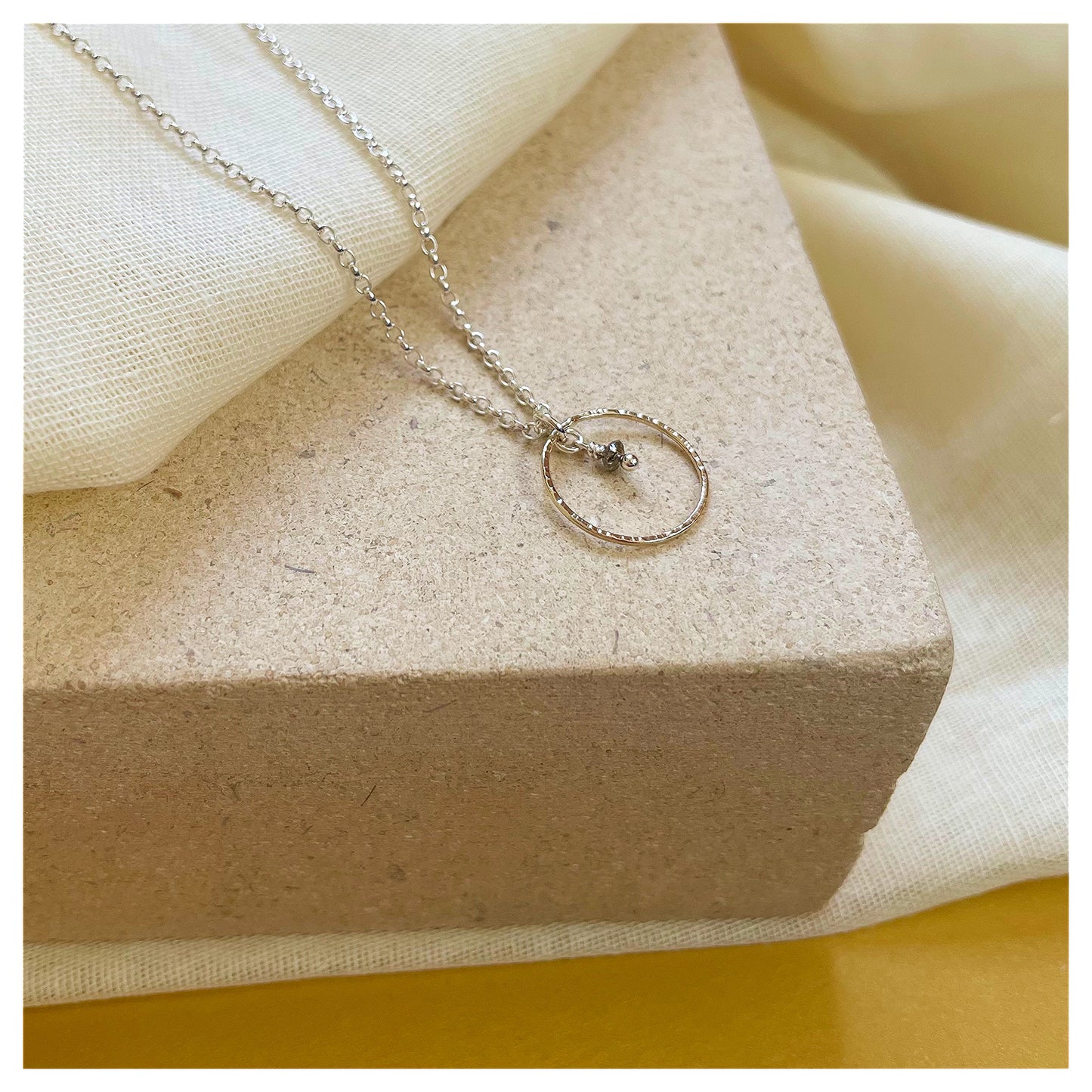 Mini 9ct Yellow Gold Hammered circle, Sterling Silver and Dark Grey Diamond Bead Necklace.