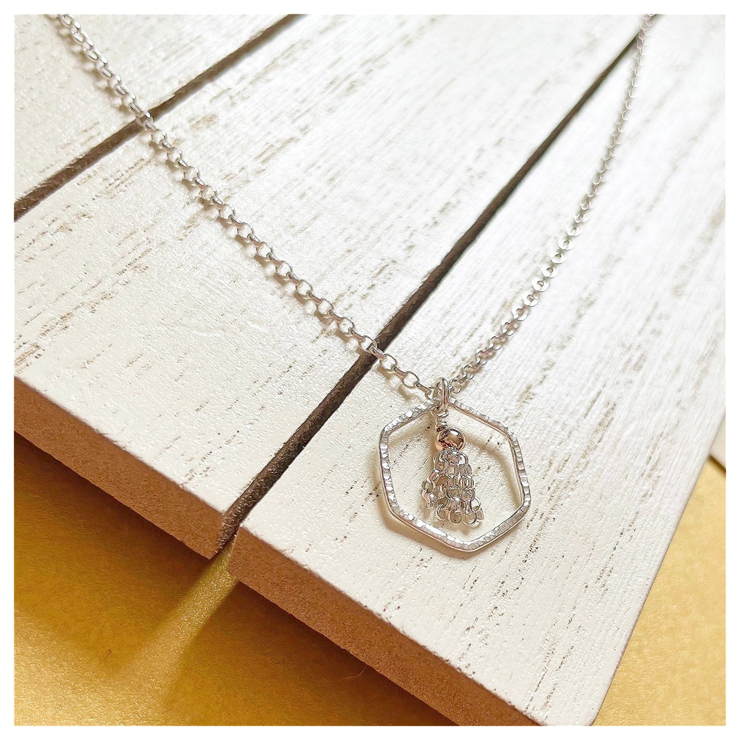Mini 9ct Yellow Gold Hammered Hexagon and Sterling Silver Tassel Necklace