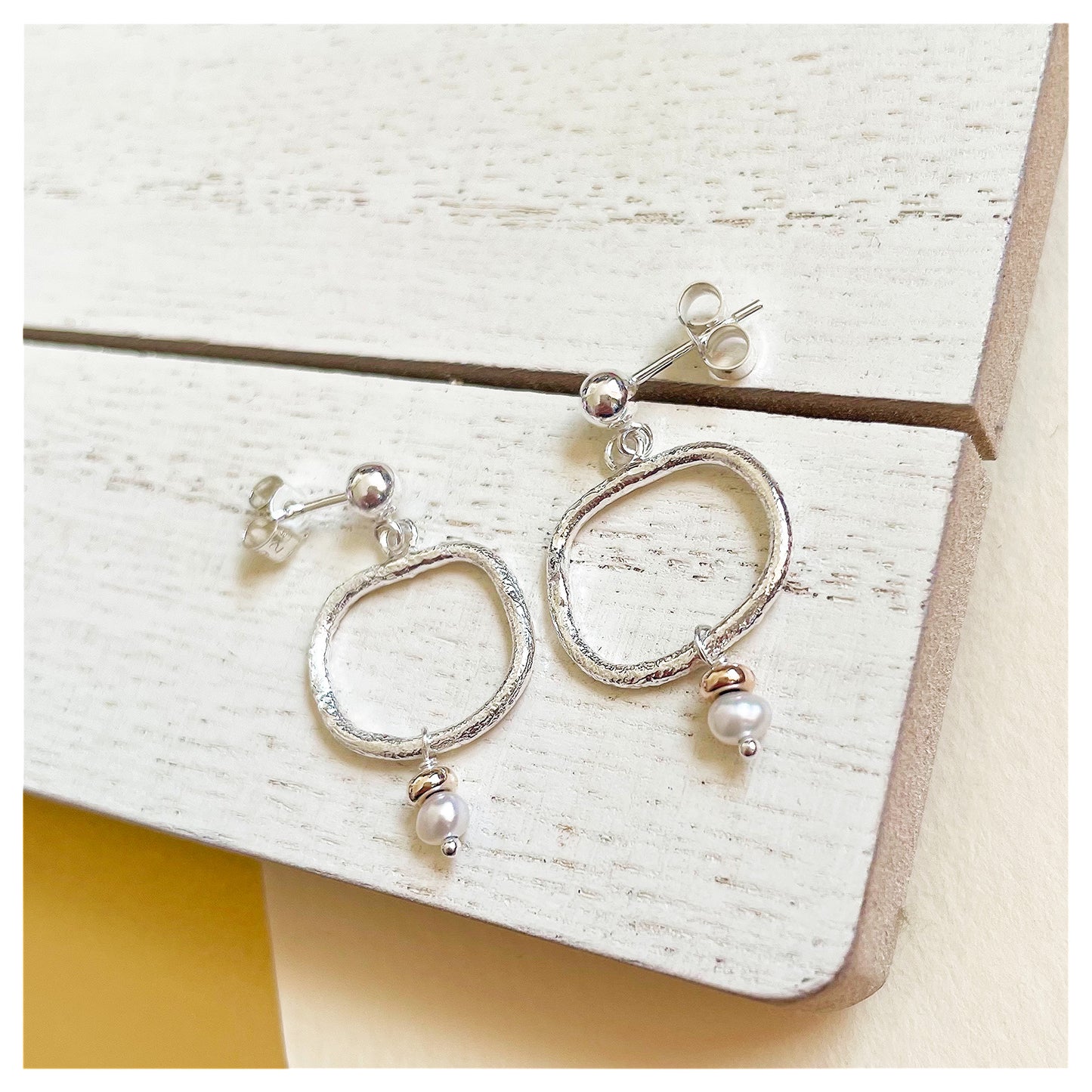 9ct Yellow Gold, Freshwater Pearl and Sterling Silver Organic Pebble Drop Stud Earrings