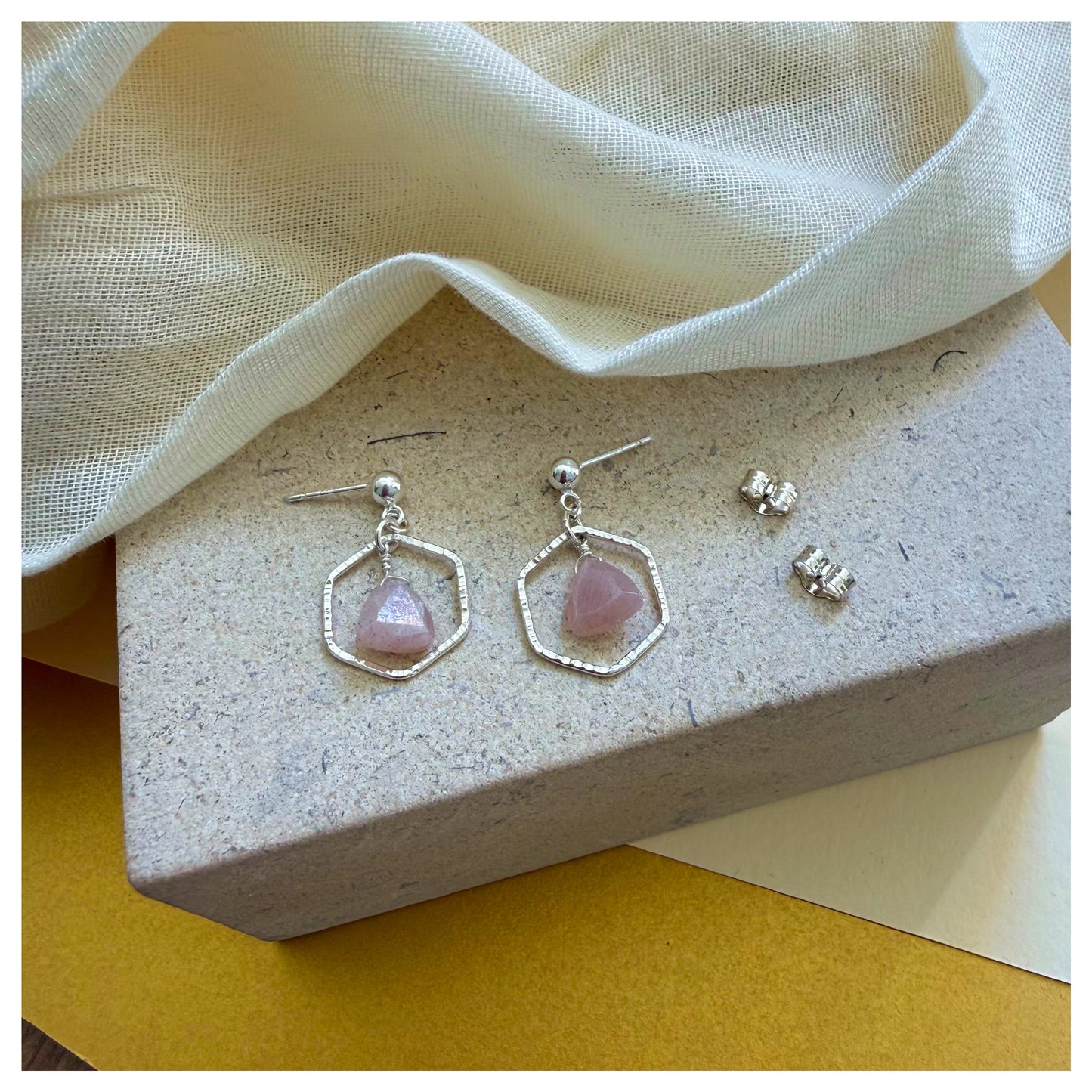 Sterling Silver Hammered Hexagonal Peach Moonstone Drop earrings.