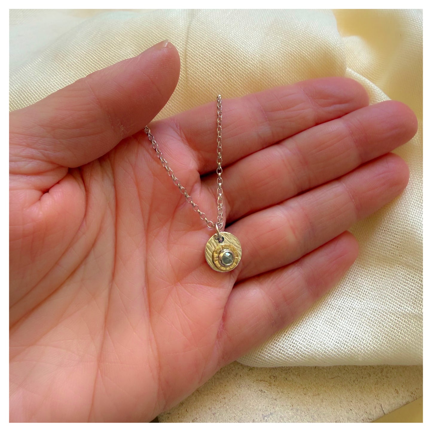 Sterling Silver, 9ct Yellow Gold Halo Rosecut Diamond Hammered Disc Pendant.
