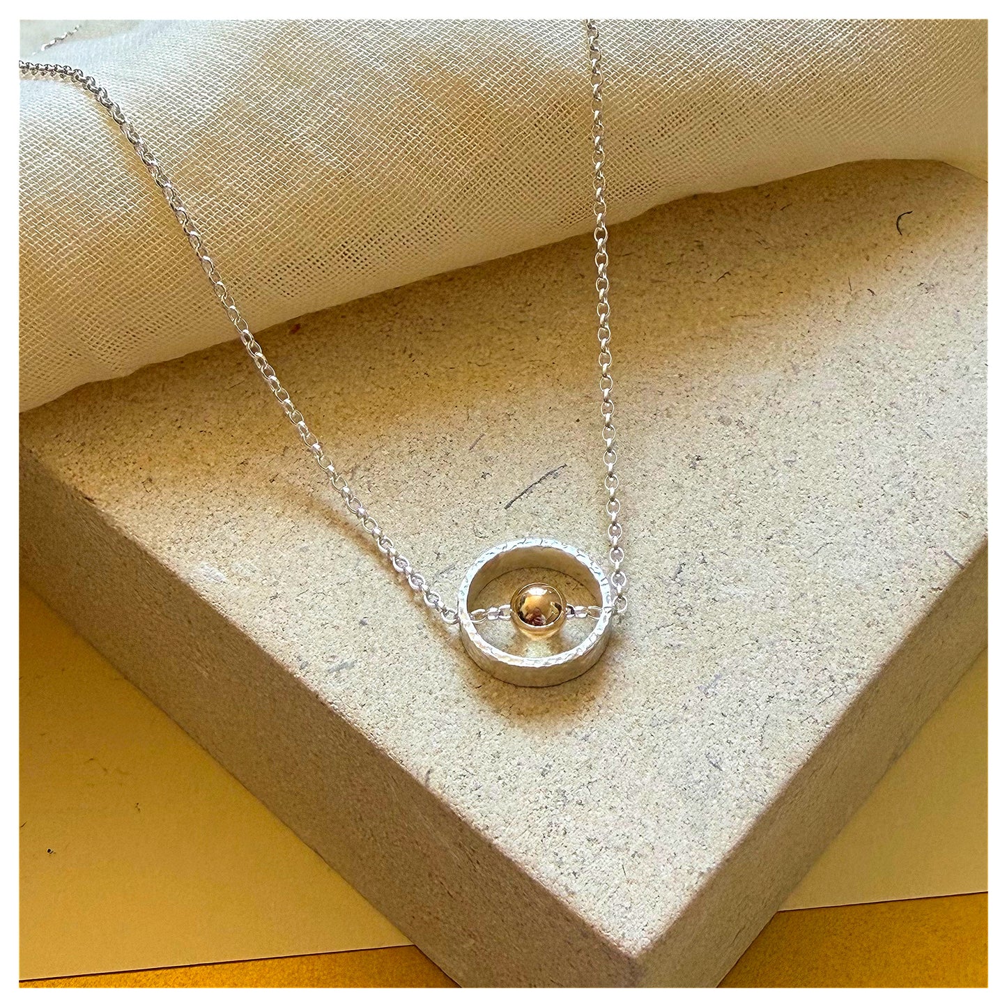 9ct Yellow Gold and Sterling Silver Circle Necklace with Bead.