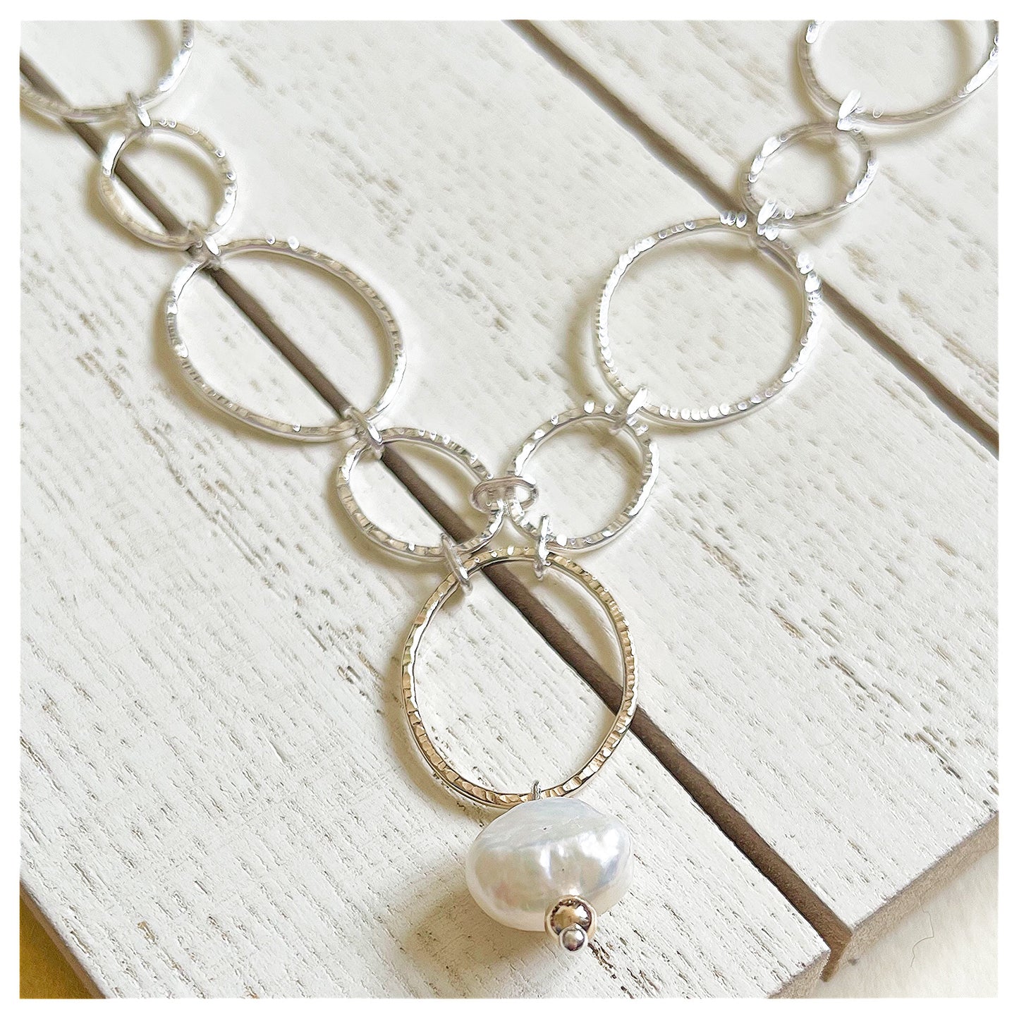 9ct Yellow Gold, Sterling Silver and Freshwater Pearl Oval Link Handmade Chain.
