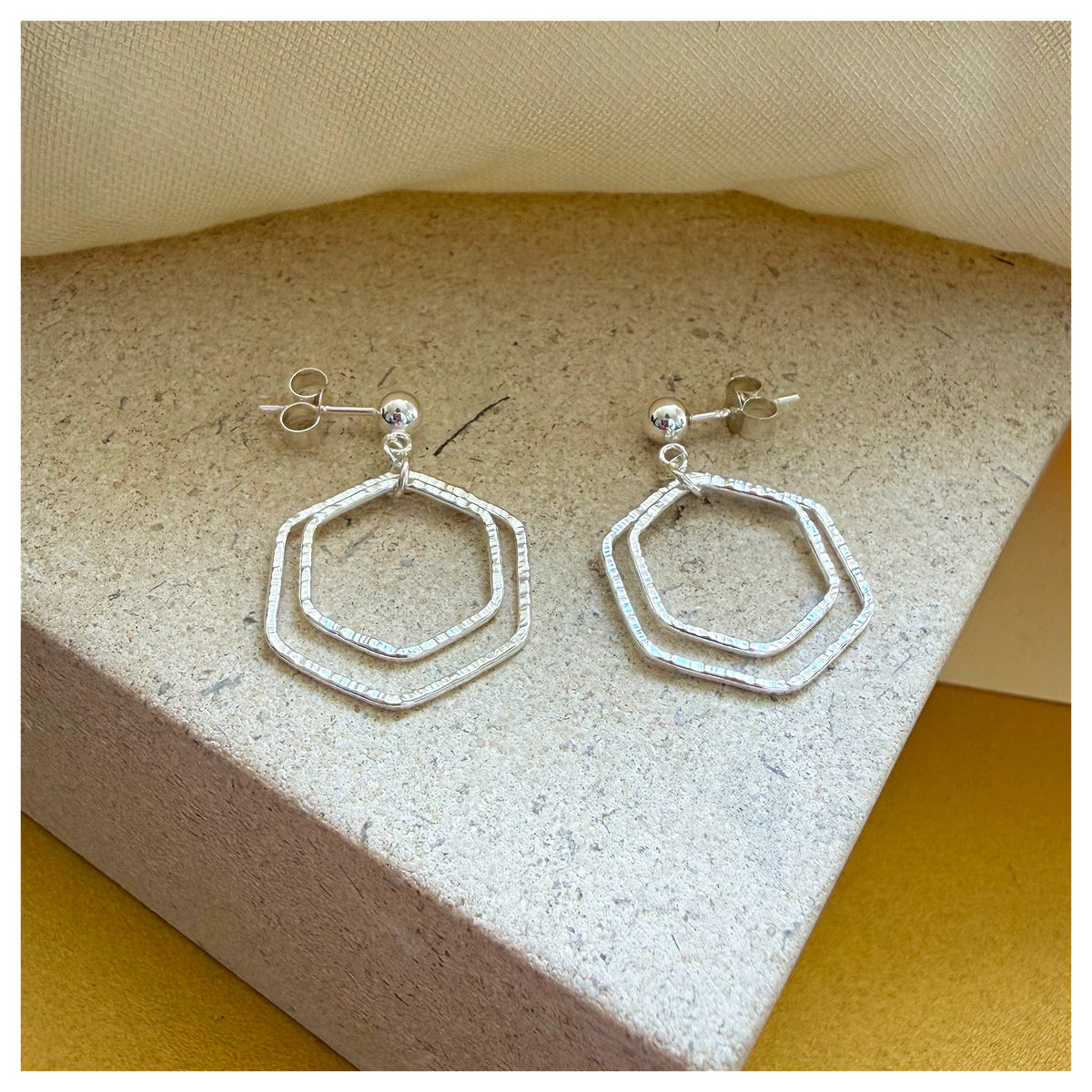 Sterling Silver Front Facing Double Hexagon drop Stud Earrings.