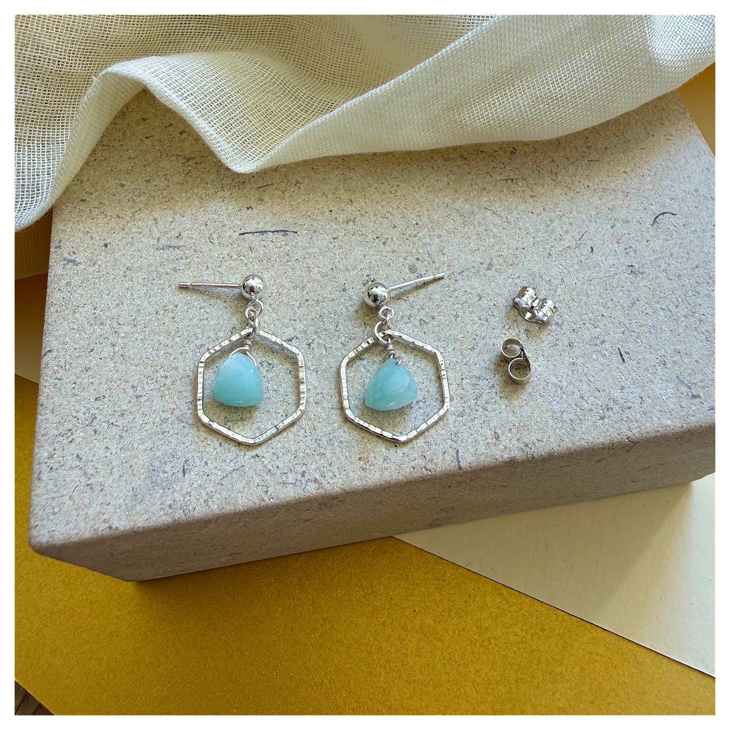 Sterling Silver Hammered Hexagonal Amazonite Drop earrings.
