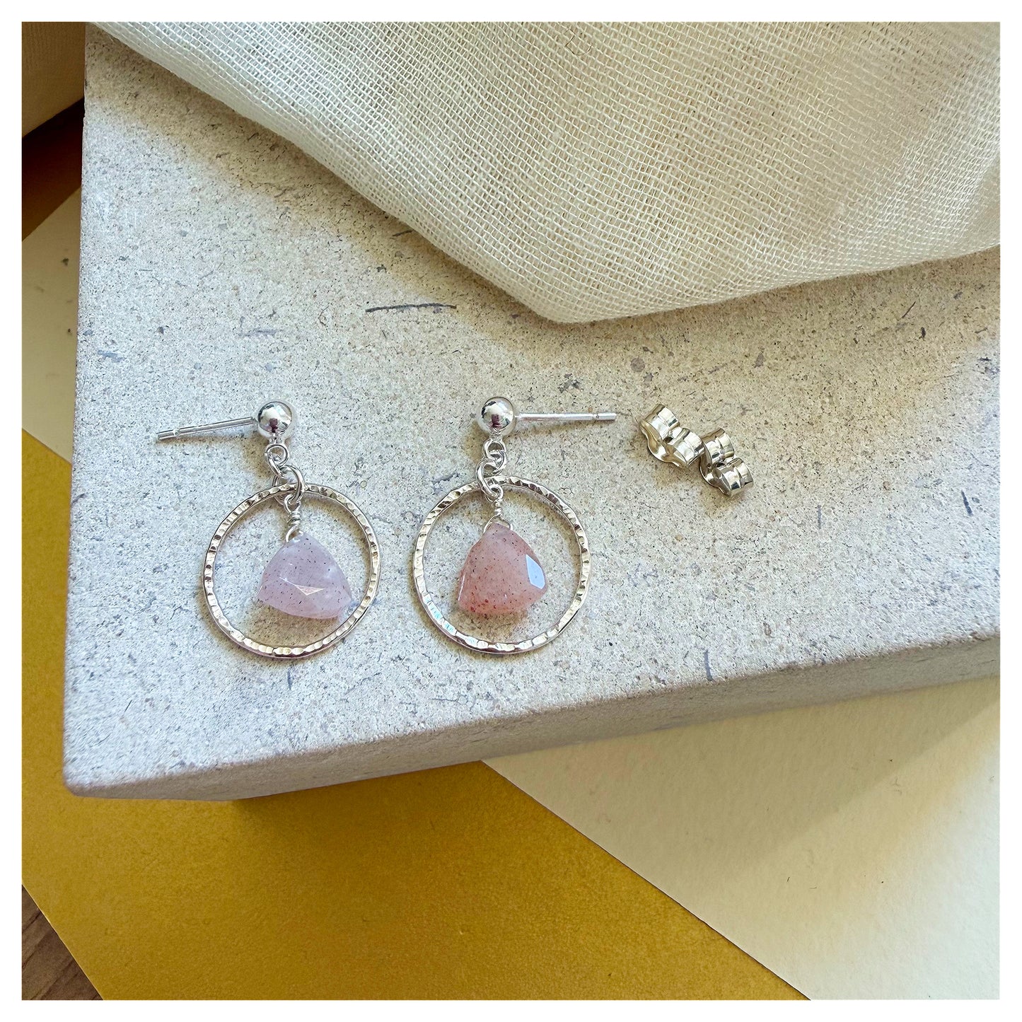Sterling Silver Hammered Circle and Peach Moonstone Drop earrings.
