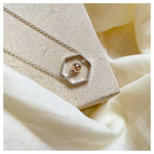 9ct Yellow Gold and Sterling Silver Hexagonal Necklace with Bead