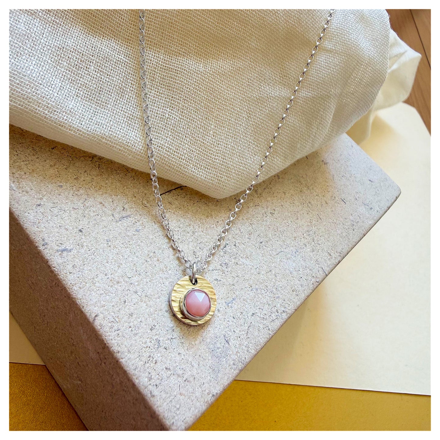 9ct Yellow Gold, Sterling Silver and Pink Opal Hammered Disc Pendant.