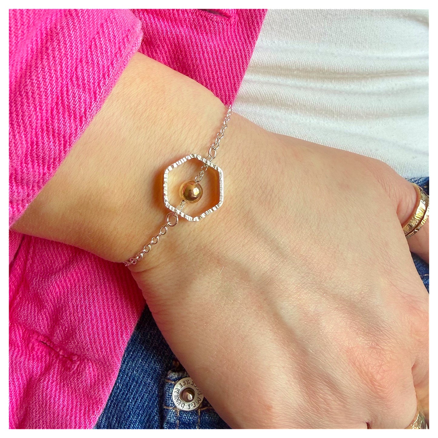 Sterling Silver and 9ct Yellow Gold Bead Mini Hexagon Bracelet.