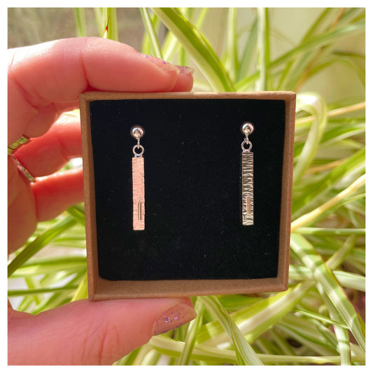 Sterling Silver and 9ct Gold Hammered Bar Drop Stud Earrings