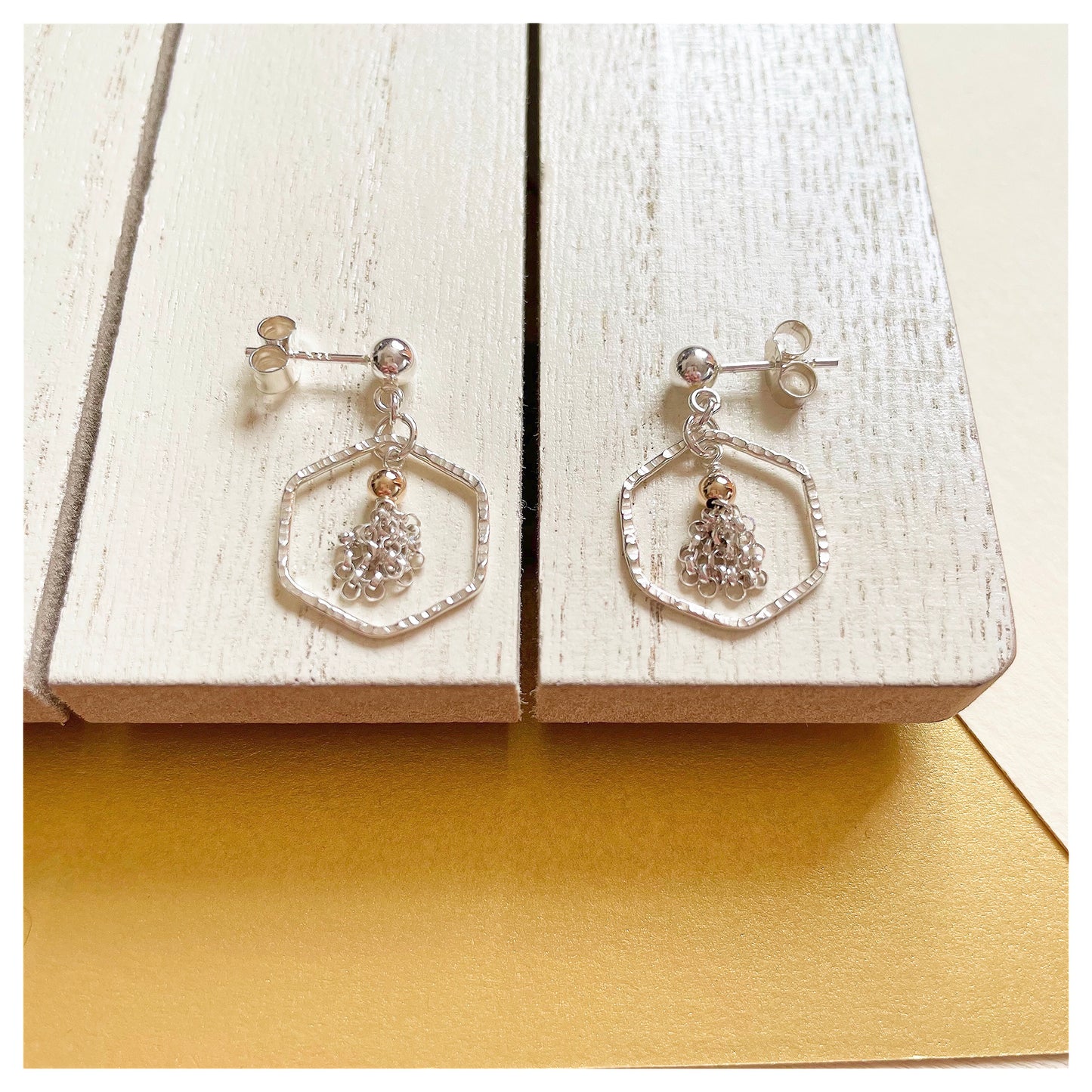 Mini Sterling Silver and 9ct Yellow Gold Hammered Hexagon and Tassel Drop Stud Earrings.