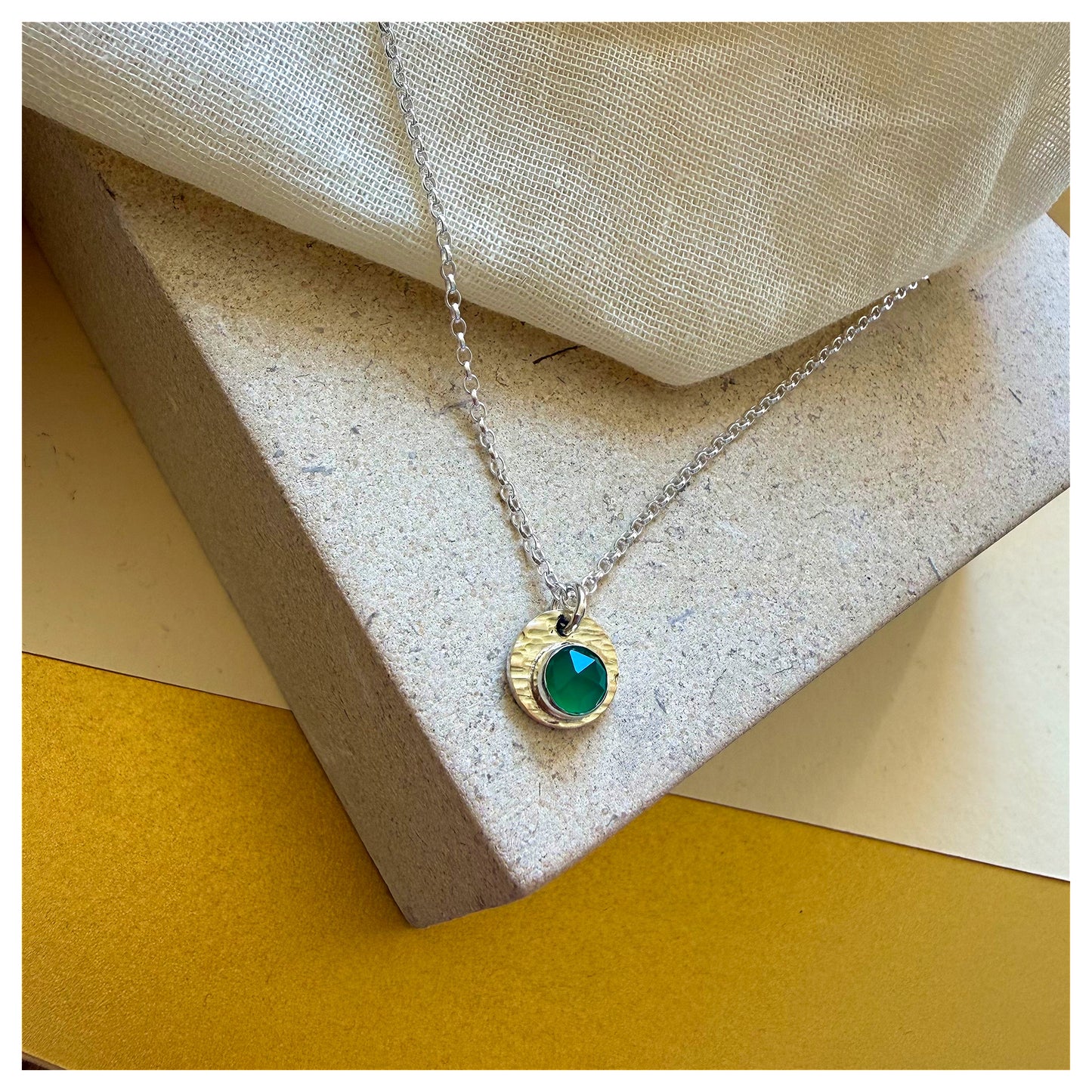 9ct Yellow Gold, Sterling Silver and Green Onyx Hammered Disc Pendant.