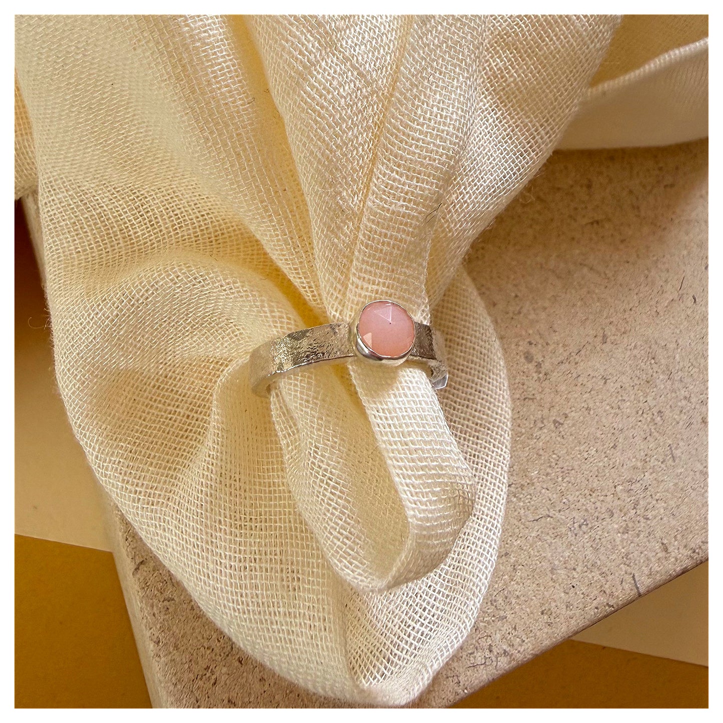 Sterling Silver and Pink Opal Organic Textured Ring.