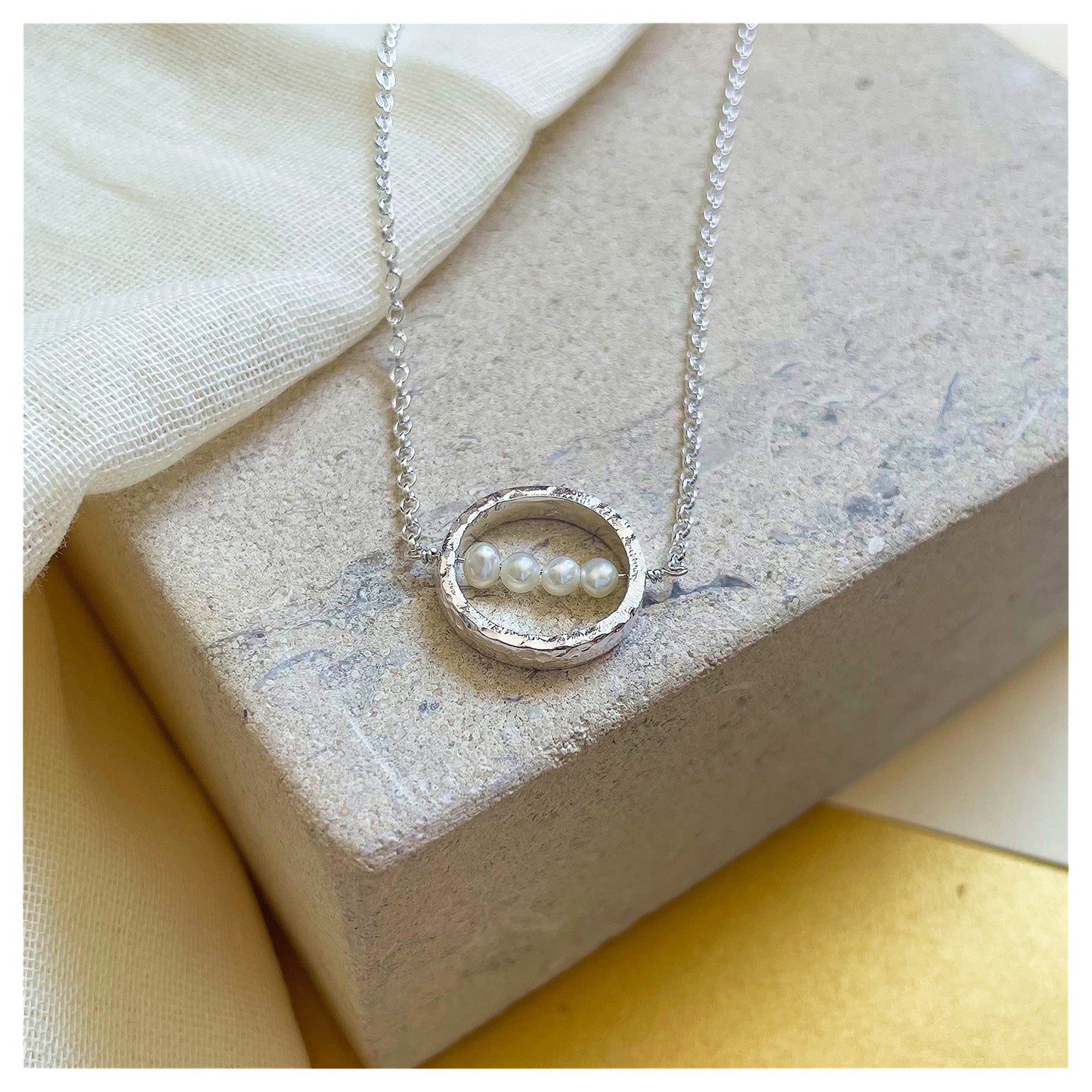 Sterling Silver Textured Circle Bar Pendant Necklace with Freshwater Pearls