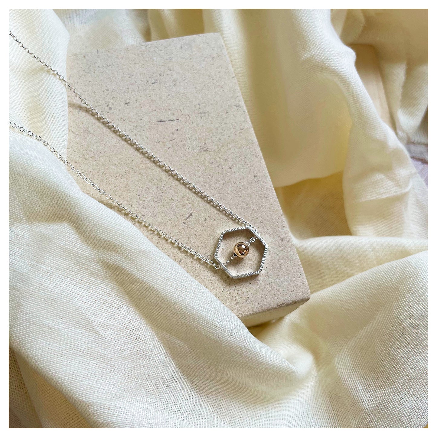 9ct Yellow Gold and Sterling Silver Hexagonal Necklace with Bead