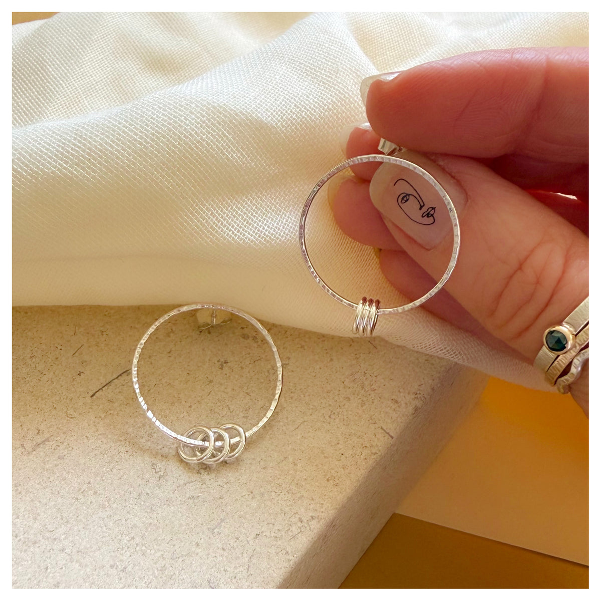 Sterling Silver Front Facing Circle drop Stud With Ring Detail