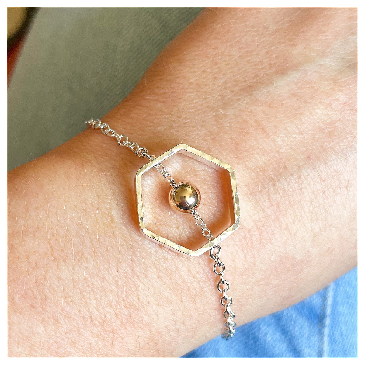 9ct Yellow Gold and Sterling Silver Hexagonal Bracelet with Bead.