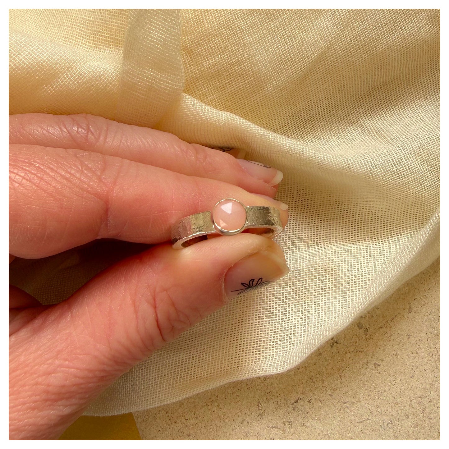 Sterling Silver and Pink Opal Organic Textured Ring.