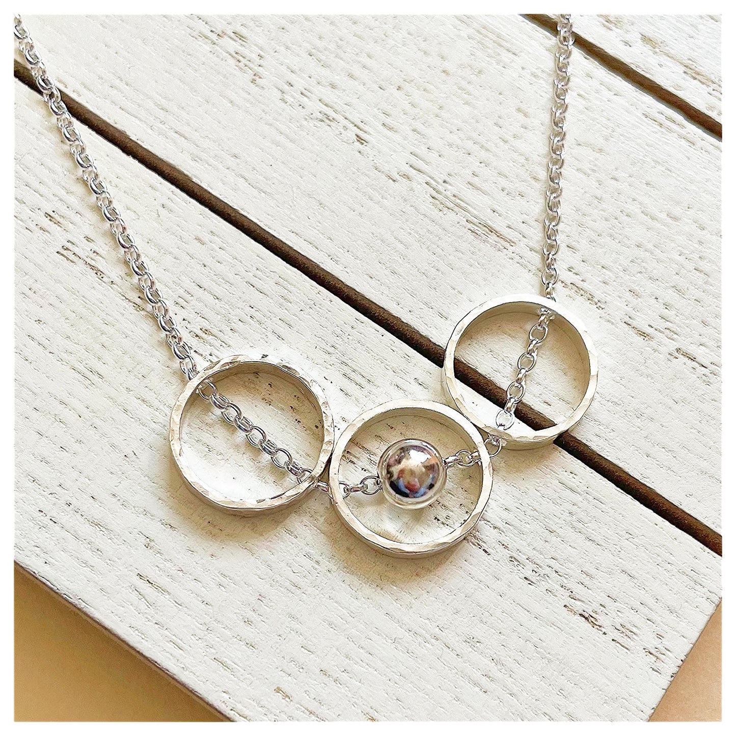 Sterling Silver Mini Triple Circular Pendant Necklace with Bead.