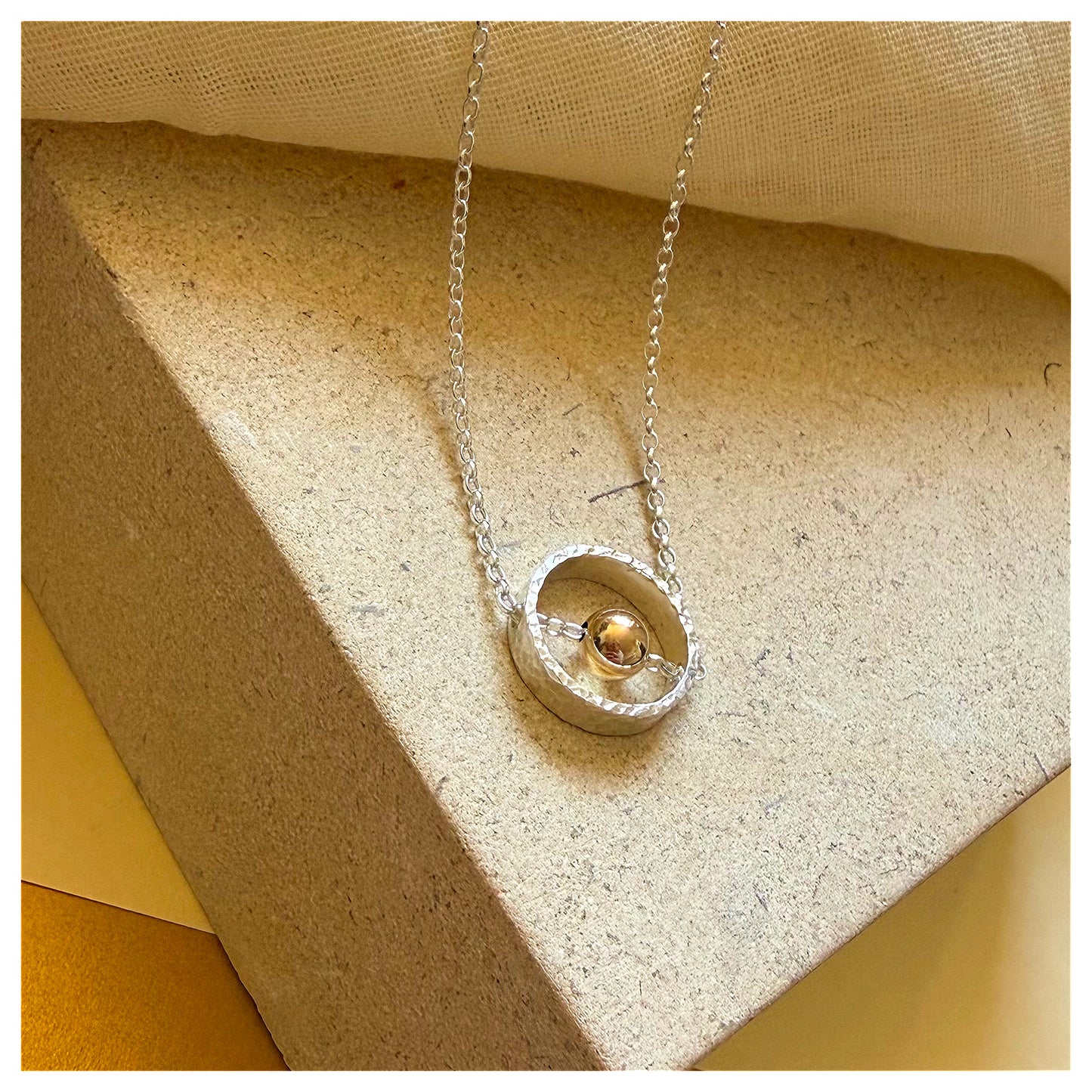 9ct Yellow Gold and Sterling Silver Circle Necklace with Bead.