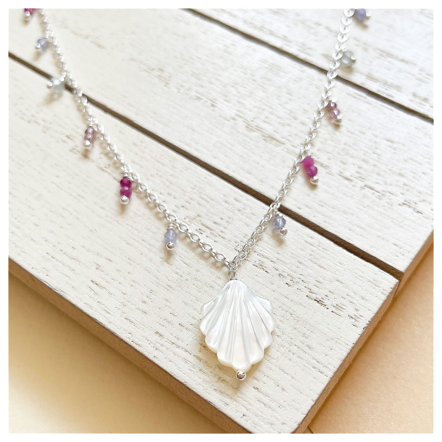 Sterling Silver, Mother of Pearl Shell and Gemstone Beaded Necklace. (1)