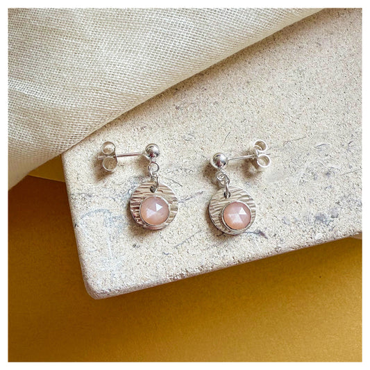Sterling Silver Textured Peach Moonstone Gemstone Drop Earrings.