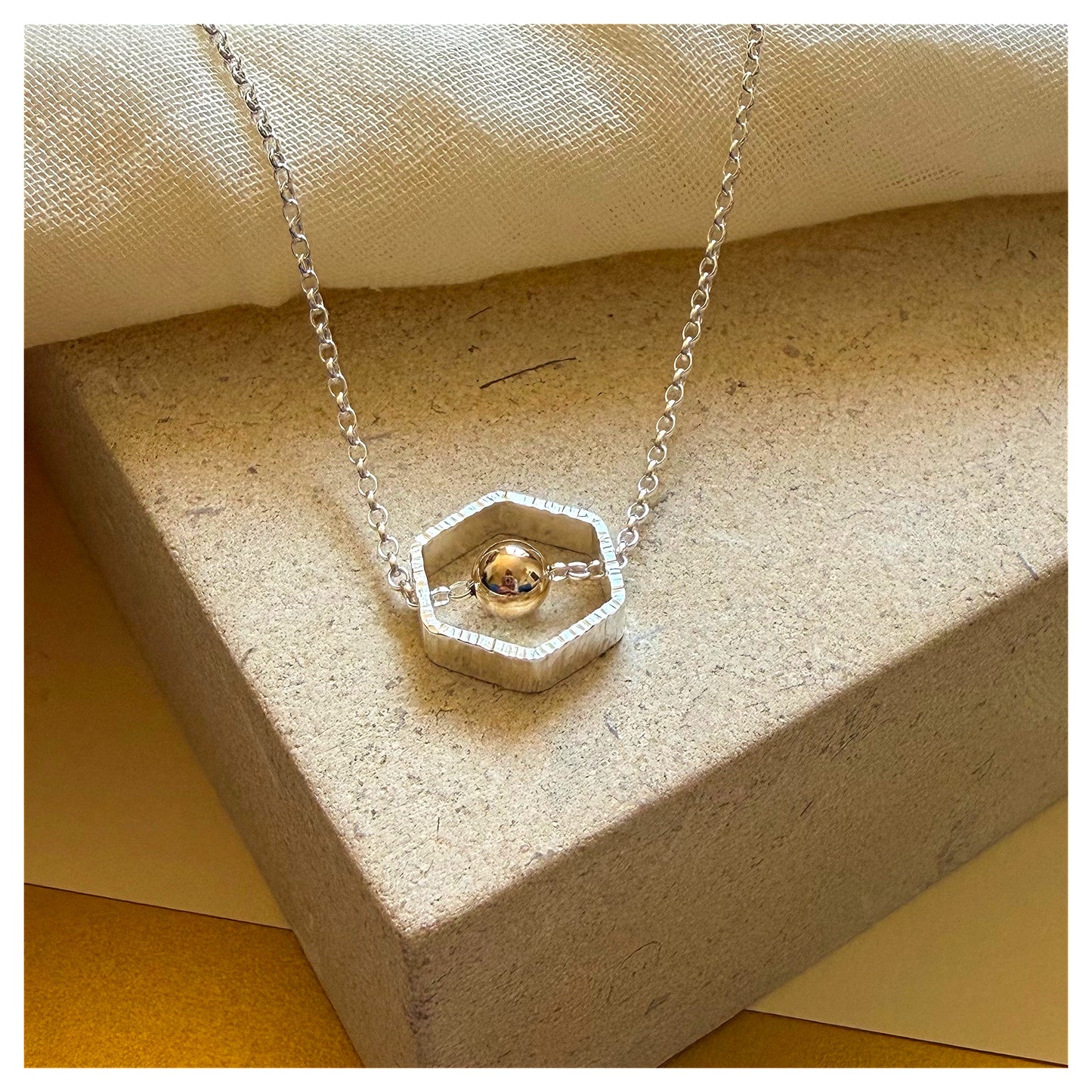 9ct Yellow Gold and Sterling Silver Hexagon Necklace with Bead.