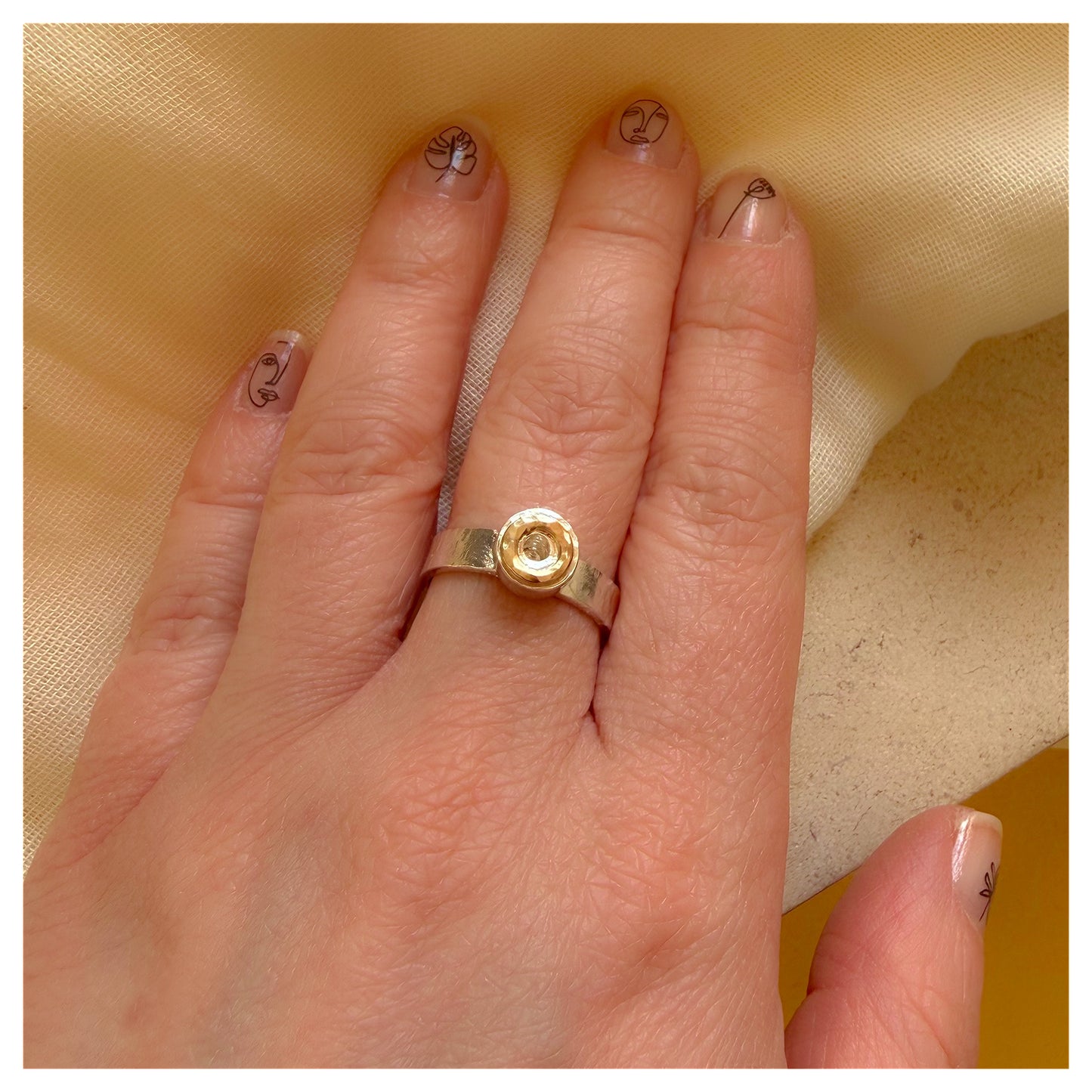 9ct Yellow Gold and Sterling Silver Textured Donut Ring. (2)