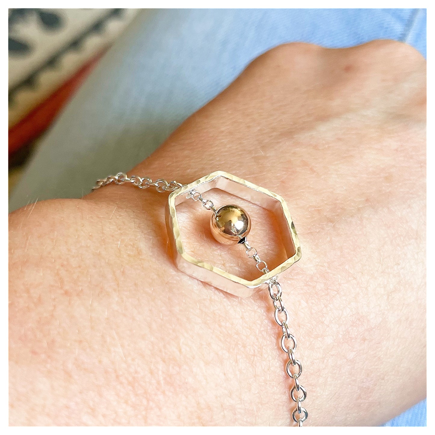 9ct Yellow Gold and Sterling Silver Hexagonal Bracelet with Bead.