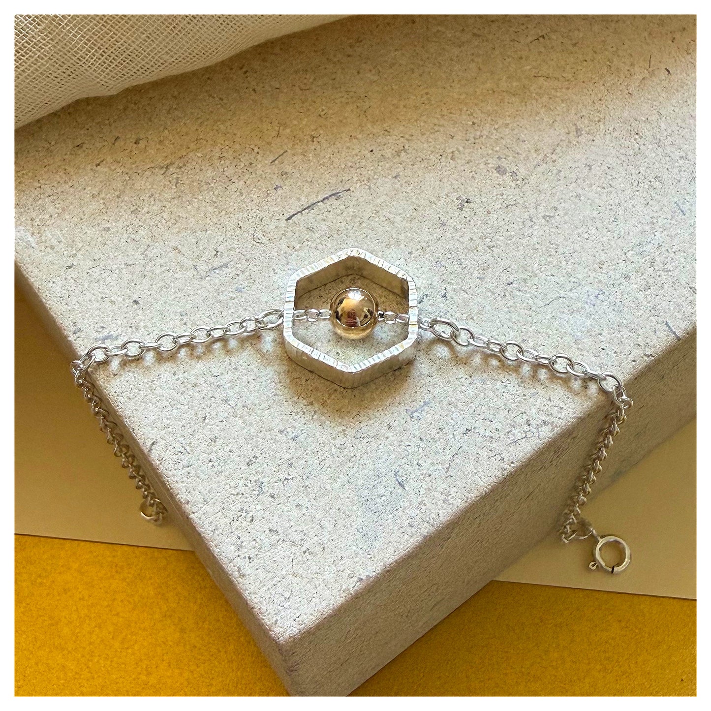Sterling Silver and 9ct Yellow Gold Bead Mini Hexagon Bracelet.