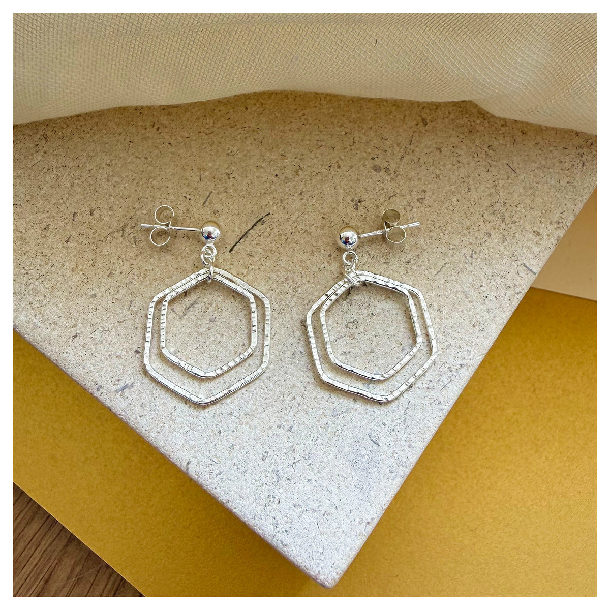 Sterling Silver Front Facing Double Hexagon drop Stud Earrings.