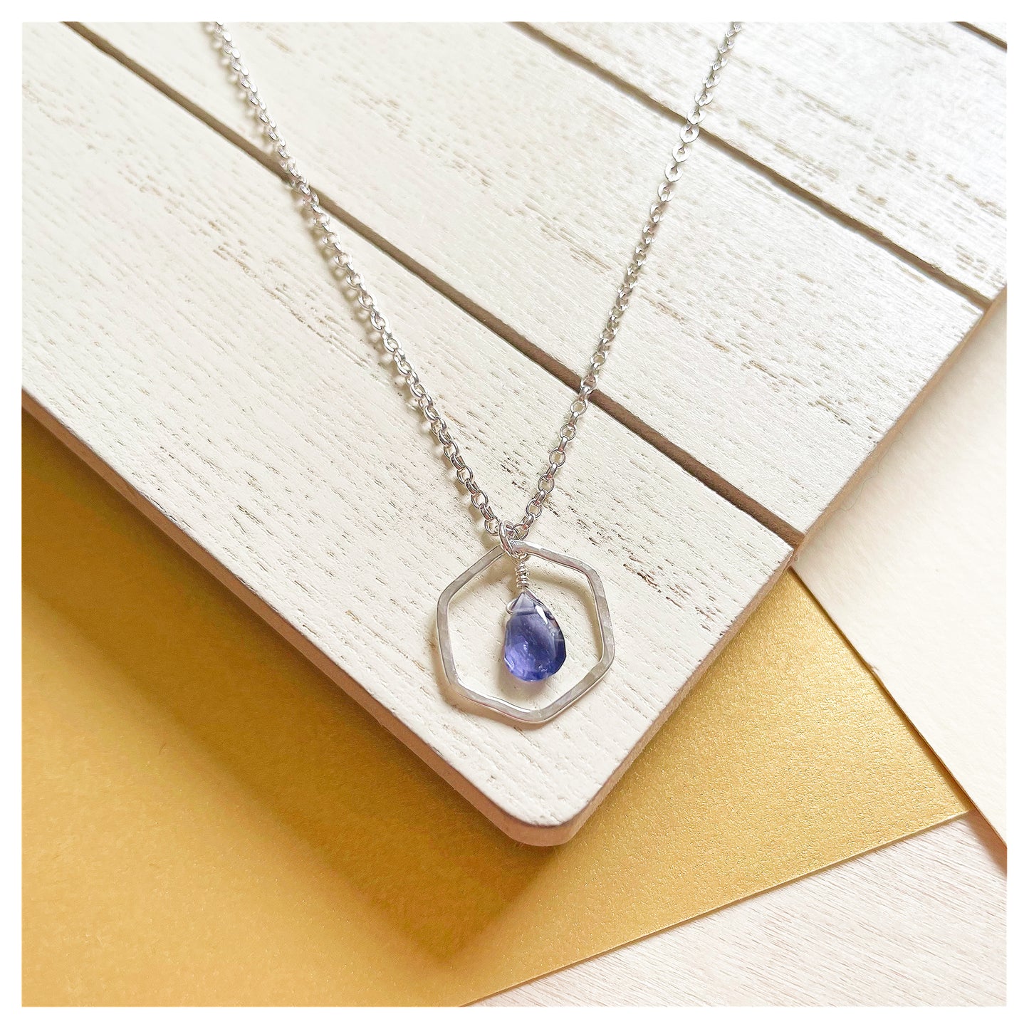 Mini Sterling Silver Hammered Hexagon and Iolite Briolette Necklace.