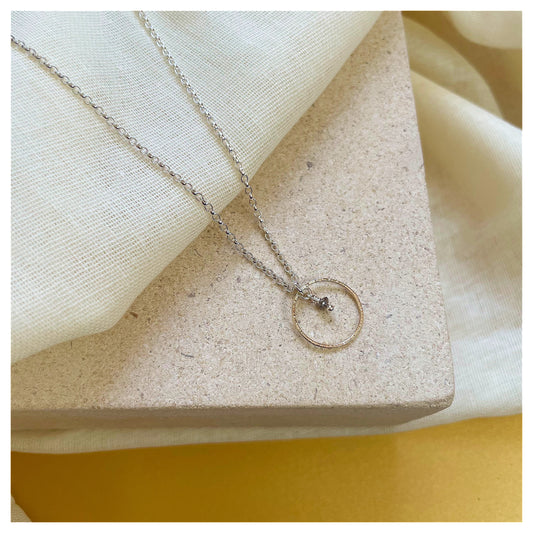 Mini 9ct Yellow Gold Hammered circle, Sterling Silver and Dark Grey Diamond Bead Necklace.