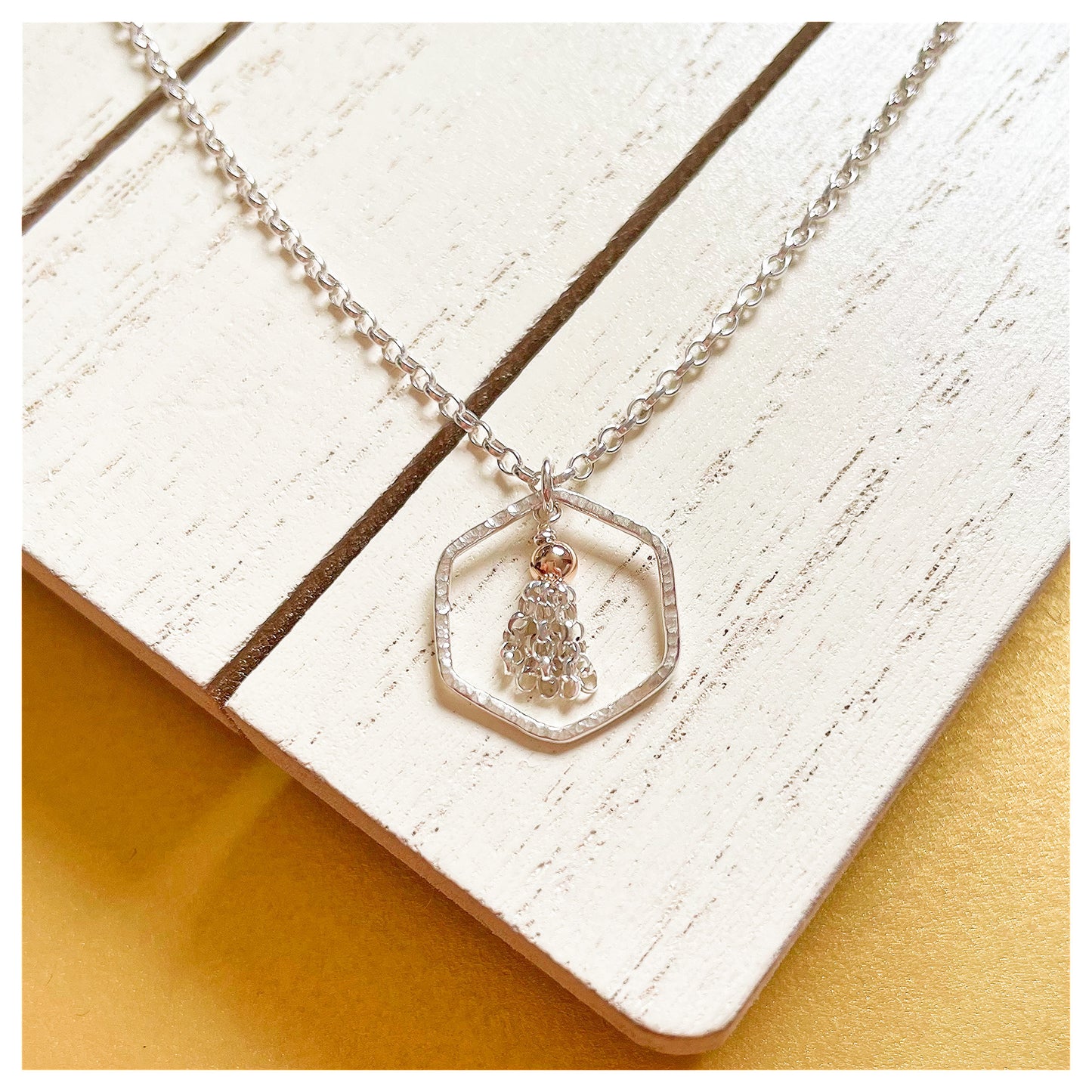 Mini 9ct Yellow Gold Hammered Hexagon and Sterling Silver Tassel Necklace