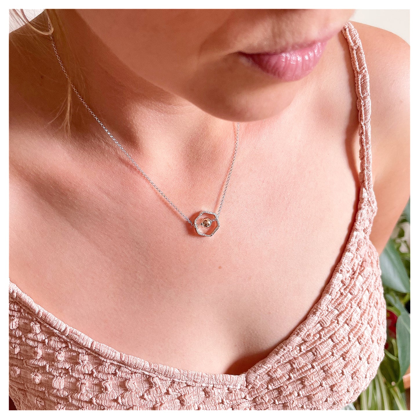 9ct Yellow Gold and Sterling Silver Hexagon Necklace with Bead.