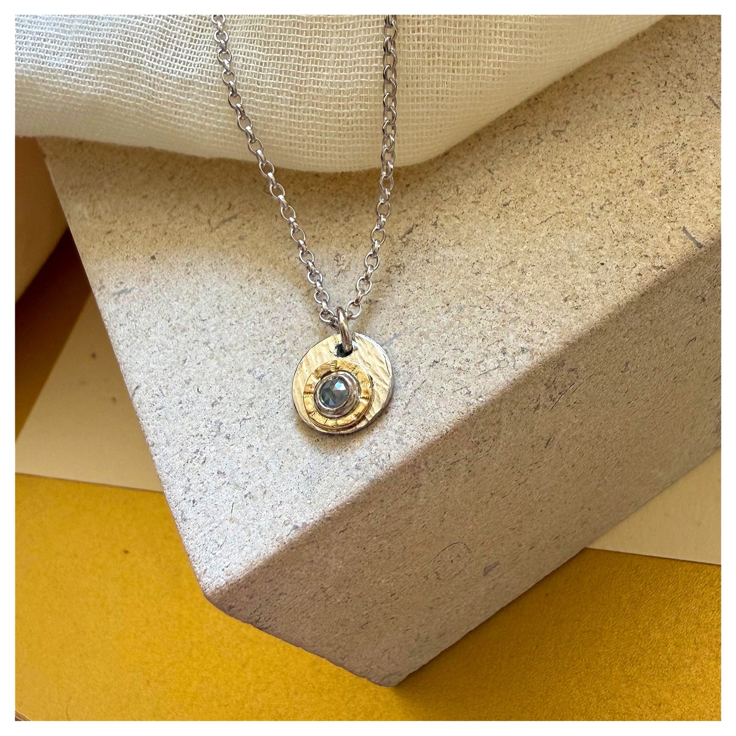 Sterling Silver, 9ct Yellow Gold Halo Rosecut Diamond Hammered Disc Pendant.