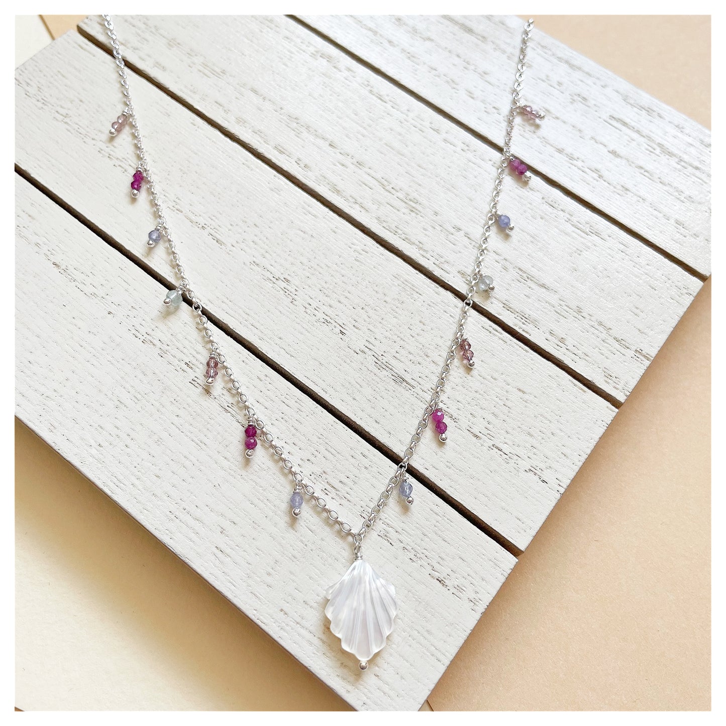 Sterling Silver, Mother of Pearl Shell and Gemstone Beaded Necklace. (1)
