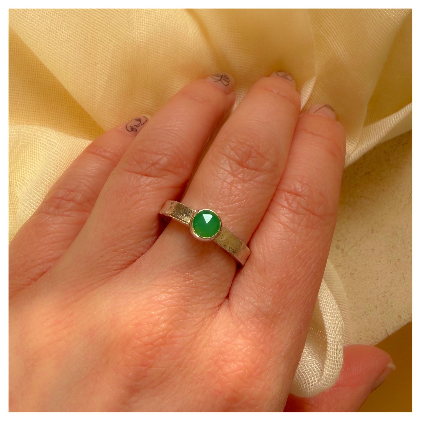 Sterling Silver and Chrysoprase Organic Textured Ring.