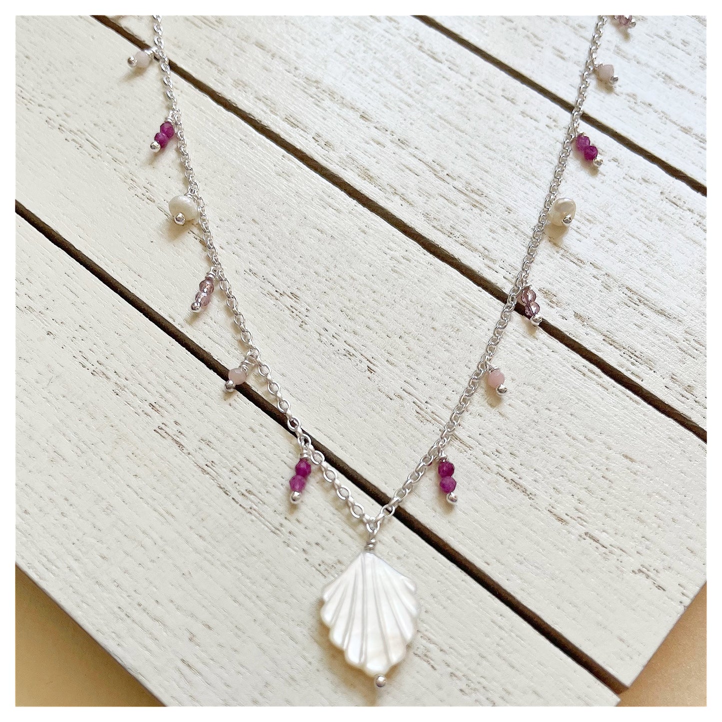 Sterling Silver, Mother of Pearl Shell and Gemstone Beaded Necklace. (4)